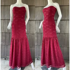 🔥Yellow Star Lace Sequins Strapless Mermaid Dress Burgundy Evening Party Dress